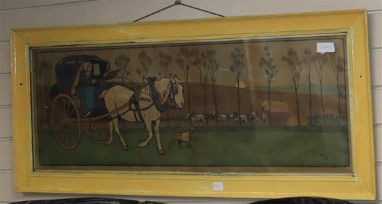 Cecil Aldin, colour print, Horse and cart on a lane, 37 x 103cm